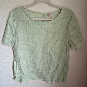 J. Crew Embroidered Mint Scalloped Hemmed 100% Linen Crew Neck Blouse